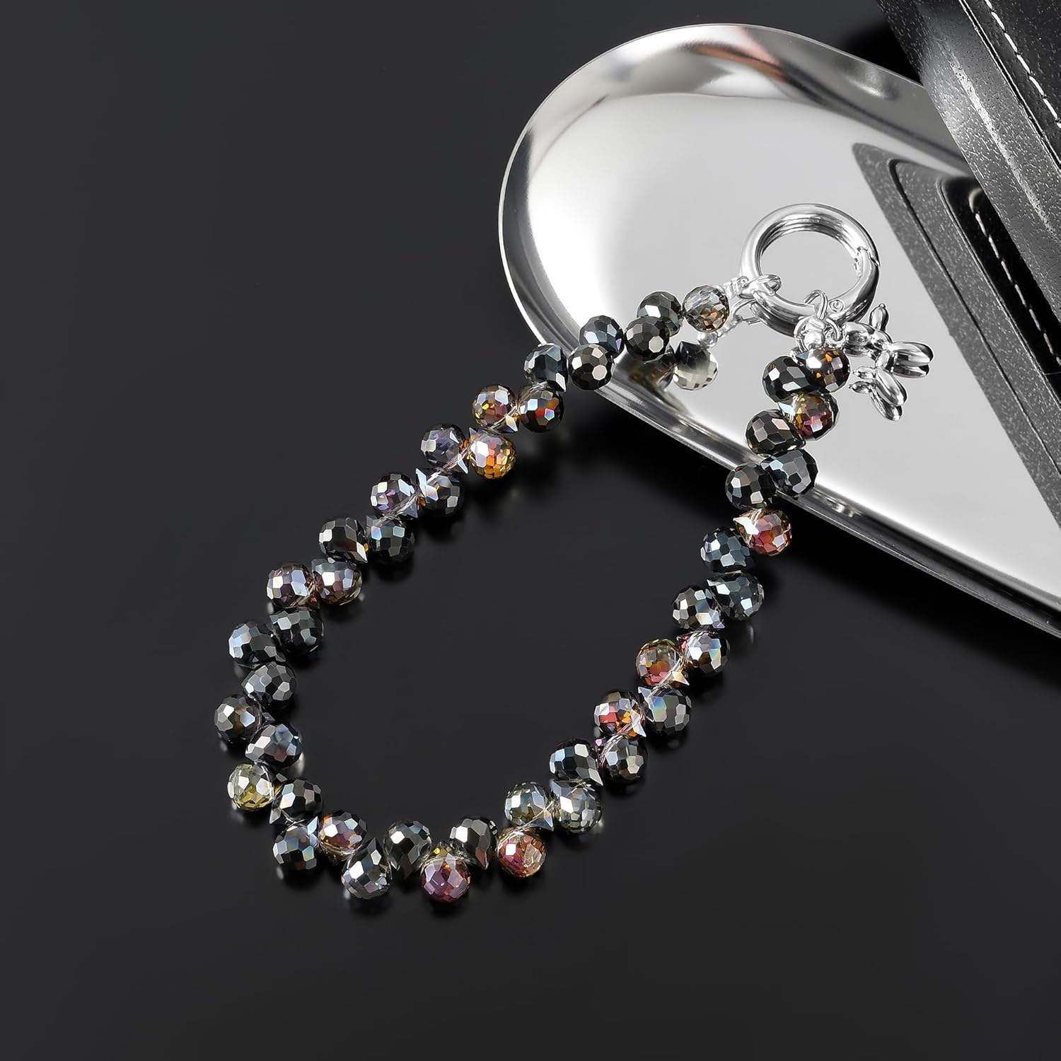 Crystal Phone Wrist Strap Phone Charm Chain Keychain Beaded Cellphone Lanyard with Tether Tab Hands-Free Wristlet Bracelet Wrist Grip Strap for Women, D-Black - Image 6