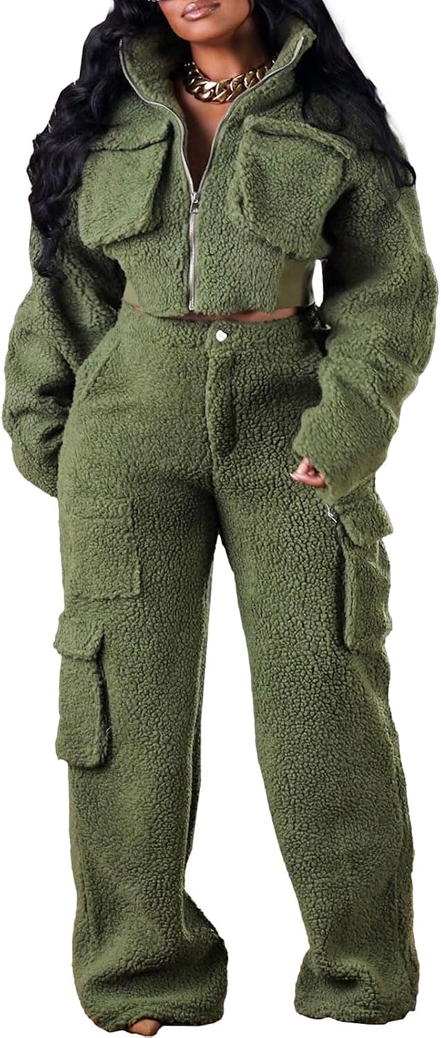 KANSOON Sweat Set for Women 2 Piece Sherpa Fur Fuzzy Fleece Long Sleeve Zip Crop Jacket Cargo Pants Pockets Tracksuit Outfit