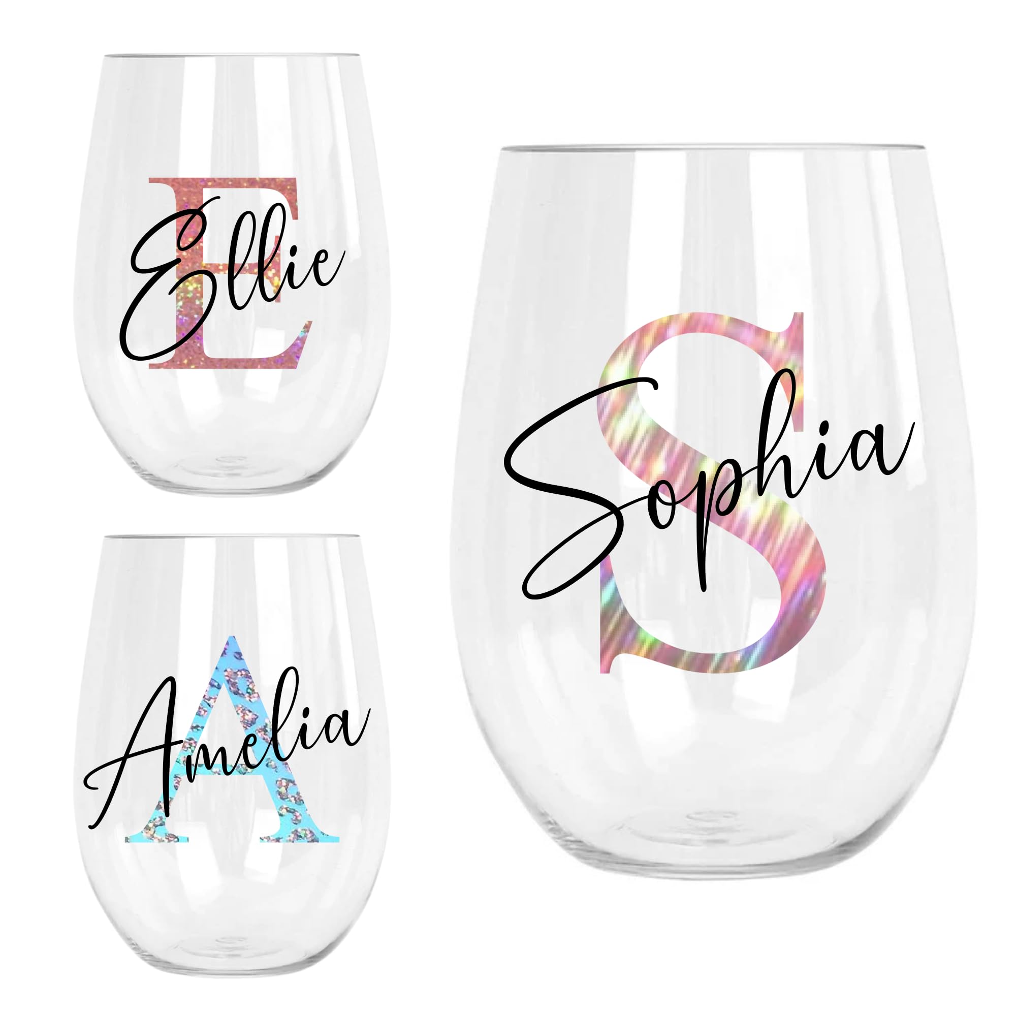 Personalised Stemless Wine Glass Tumbler Initial and Name Custom Birthday Christmas Gifts for Her Girl Women Bestie 18th 21st 30th 40th 50th 60th 70th 80th Any Age Party Present Secret Santa Idea
