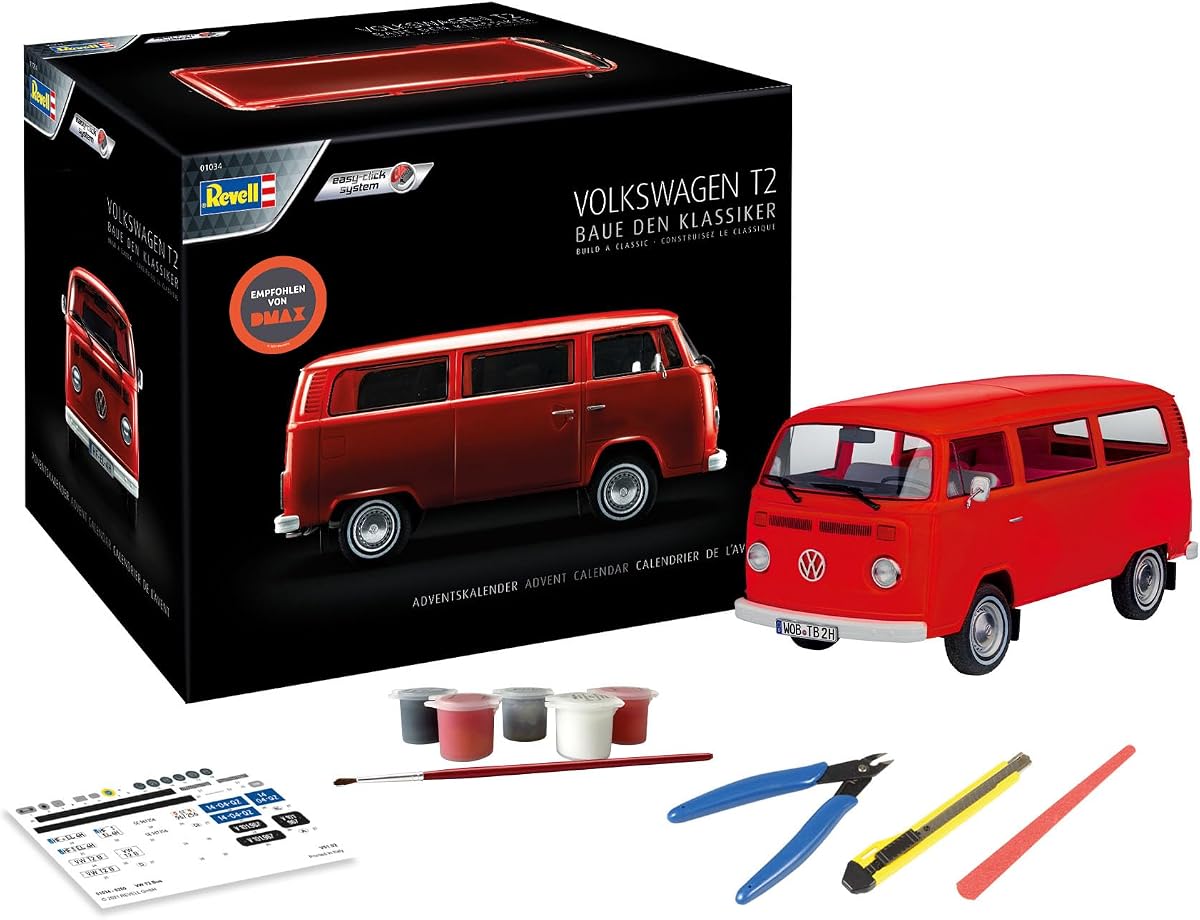 Revell Calendario de Adviento 01034 VW T2 Bus Model Building Kit Escala 1:24 Set de Regalo de 109 Piezas Incluye Pintura y Herramientas
