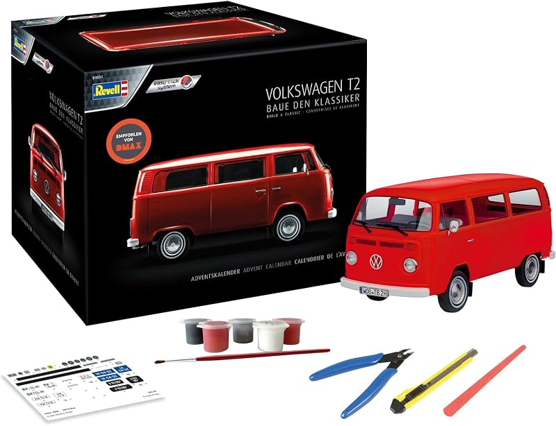 Revell Calendario de Adviento 01034 VW T2 Bus Model Building Kit Escala 1:24 Set de Regalo de 109 Piezas Incluye Pintura y Herramientas