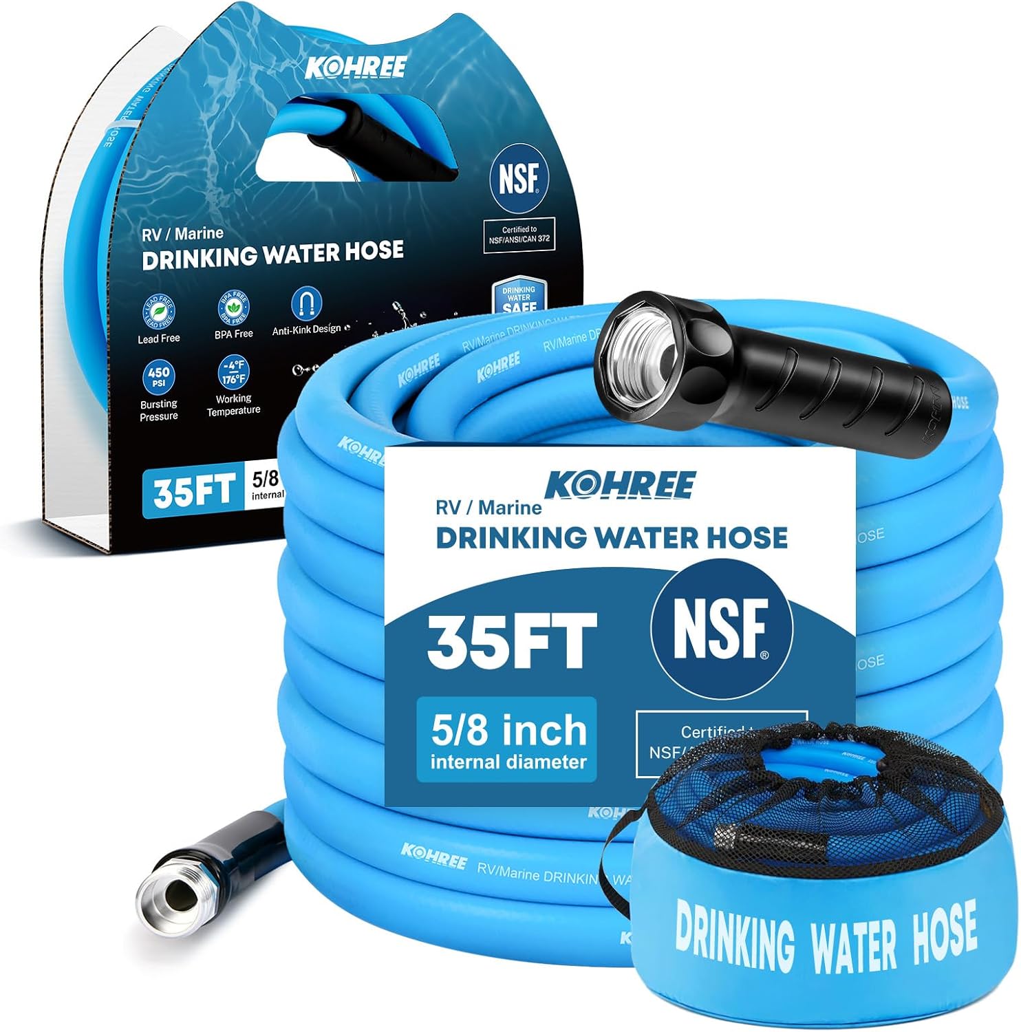 Kohree NSF 372 Certified 35-ft Drinking Water Hose, 5/8'' Premium RV Water Hose with Storage Bag, Heavy-Duty Machined Fittings, Leak Free, No Kinks, Potable Water Hose for RV, Camper, Garden - Blue