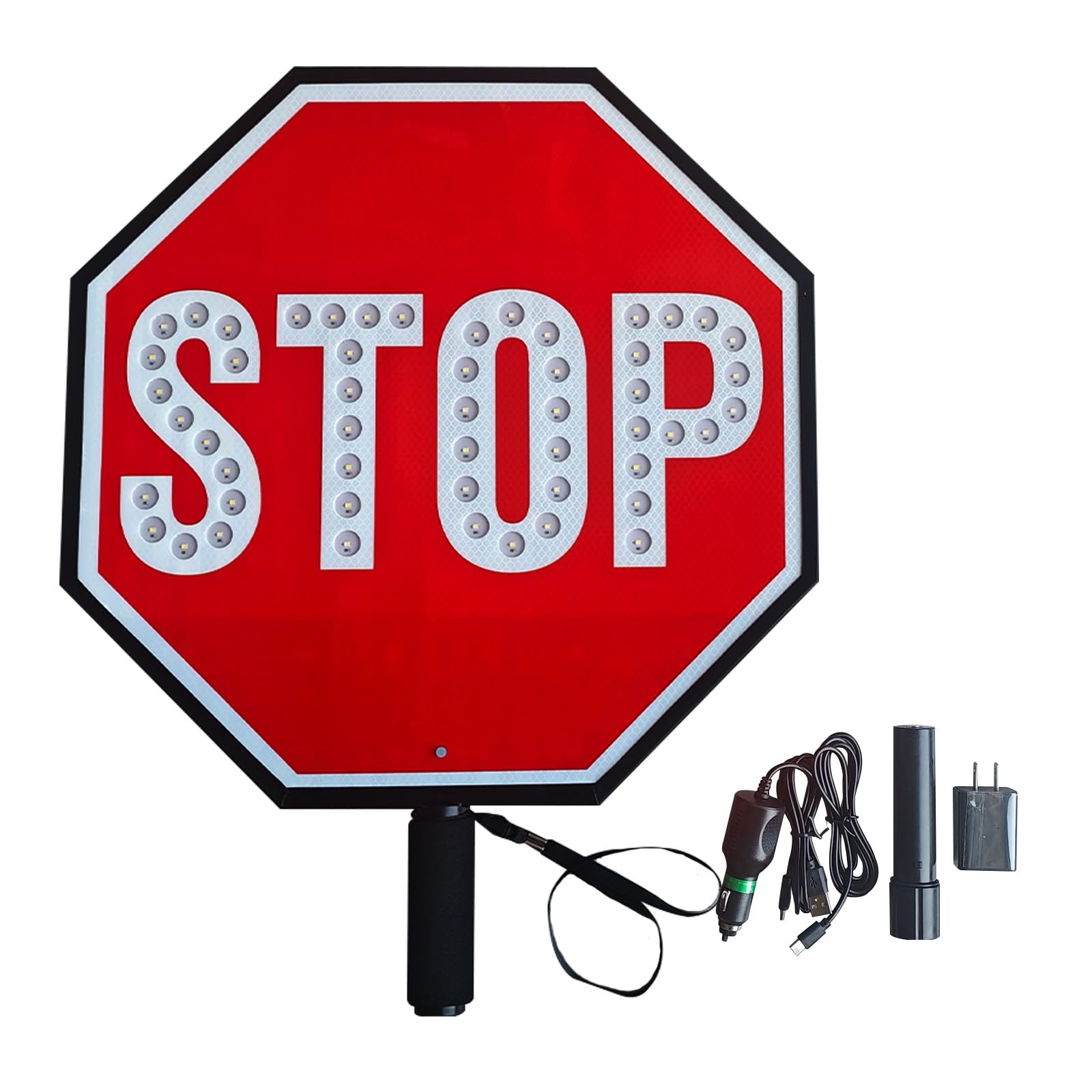 Wiosło LED Stop-Slow 18", z metalowym uchwytem, dwustronne, ciągłe/migające światło LED, możliwość ponownego ładowania