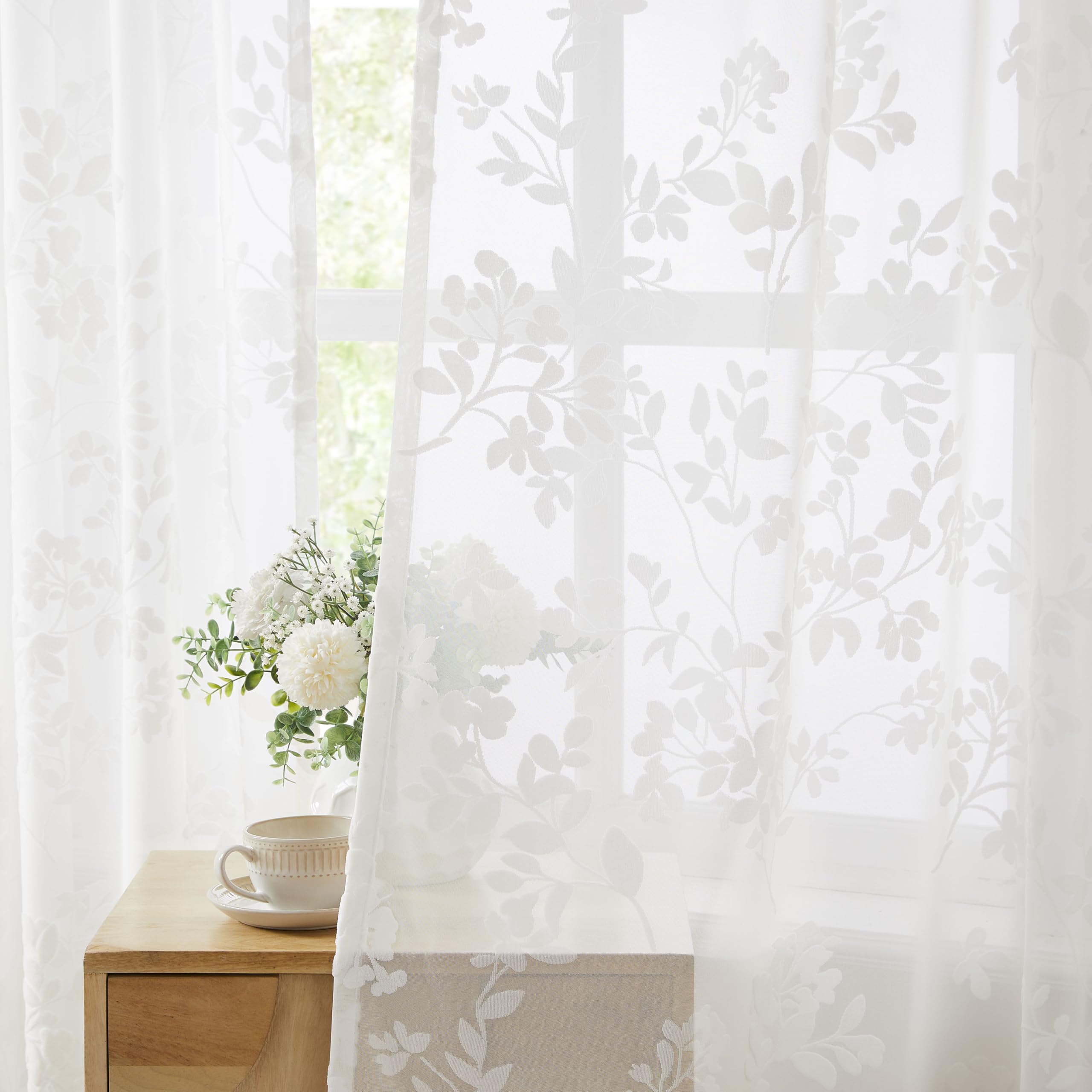 Abstractex White Lace Net Curtains for Living Room 54 Inches Long Floral and Branch Sheer Panels for Bedroom Luxury Vintage Light Filtering Victorian Window Treatment Sets, 54" W Rod Pocket 2 Panels