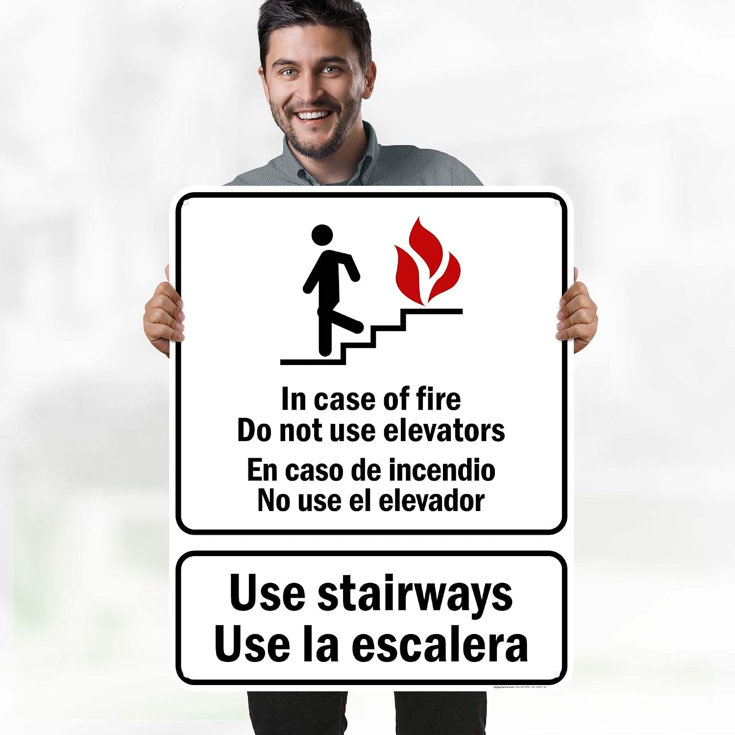 In Case Of Fire Do Not Use Elevators Use Stairways Bilingual Sign, 24x30 Inches, 55 mil thick HDPS (high density polystyrene), Made in USA by My Sign Center