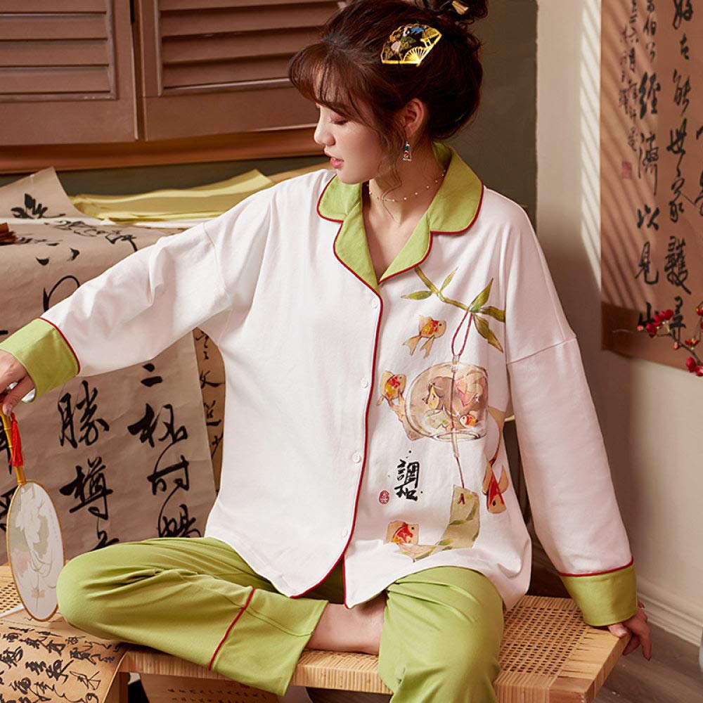 Conjunto De Pijamas De Mujer,Pijamas Suaves Y Cómodos De Algodón Ropa De Dormir Con Estampado De Peces De Colores De Estilo Chino Con Bolsillos Con Botones Conjunto De Pijamas De Manga Larga Top &