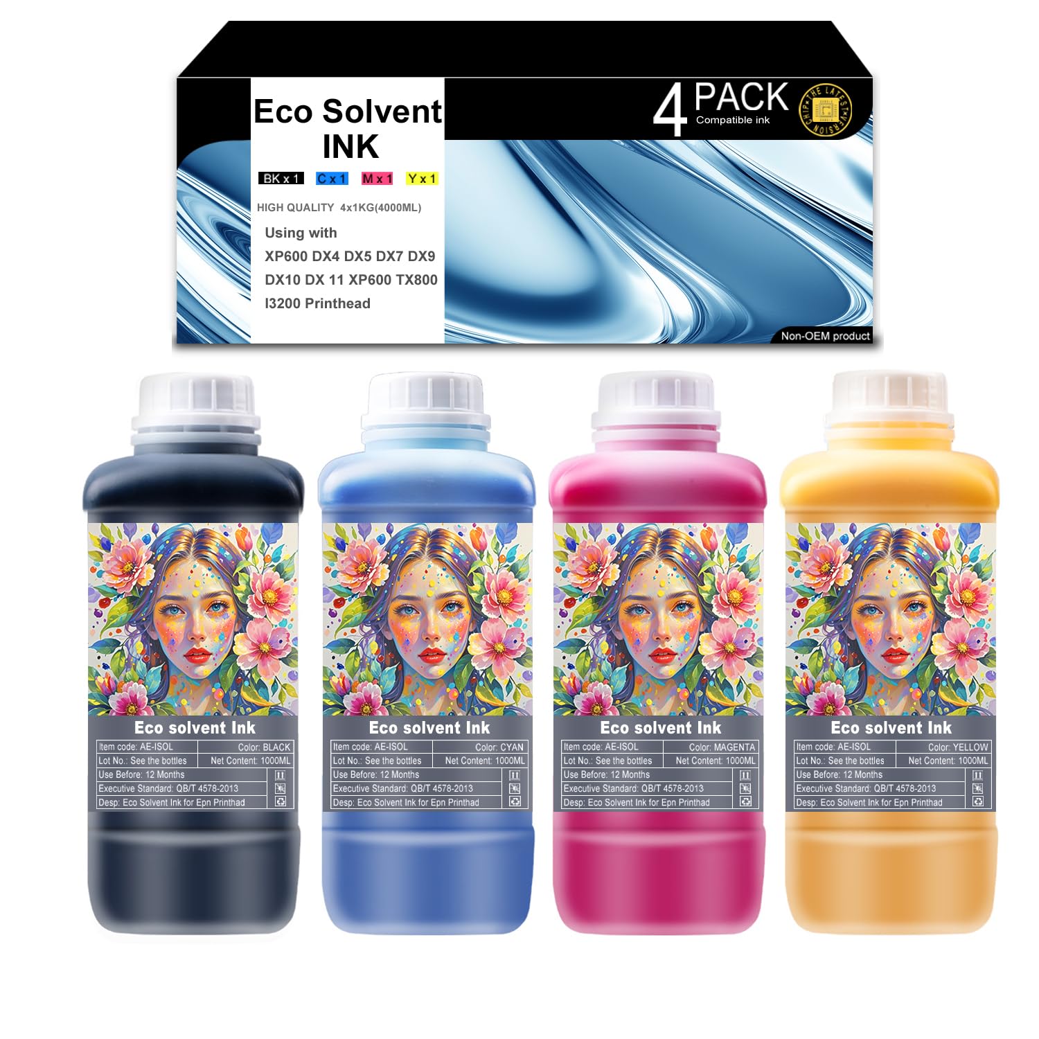 Eco Solvent Ink for Wide Format, Grand Format Printers with DX4 DX5 DX7 DX9 DX10 DX 11 XP600 TX800 I3200 (CMYK 1 Set /1000ml) Printhead Mimaki/Roland/Mutoh NOT Work with Desktop Printers