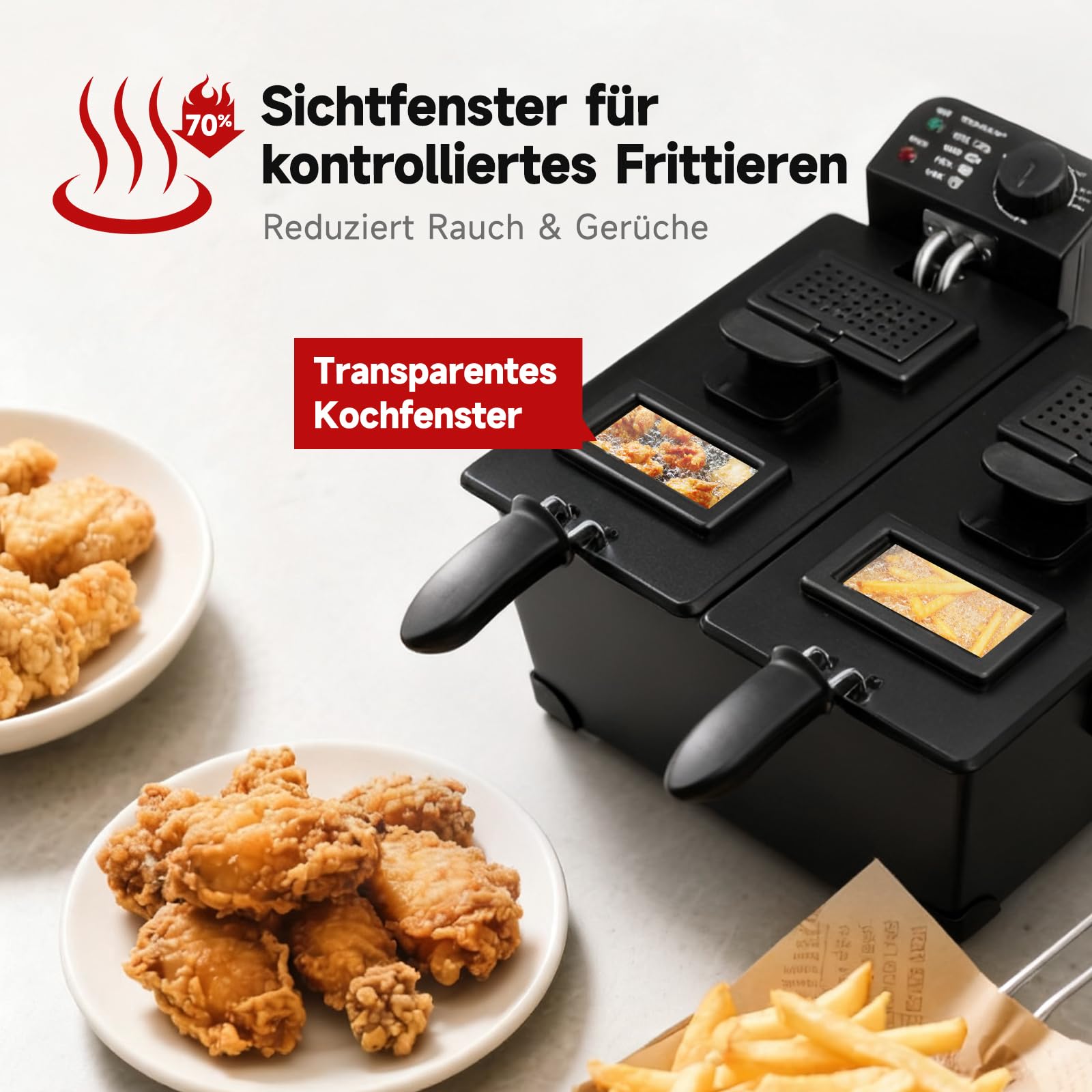 Aigostar Edelstahl Doppel-Fritteuse 3600W mit 2x3L Körben, Kaltzonenfunktion, Thermostat (90-190°C), Sichtfenster, emailliertem Topf, Ölfilter & Automatik-Abschaltung, Schwarz