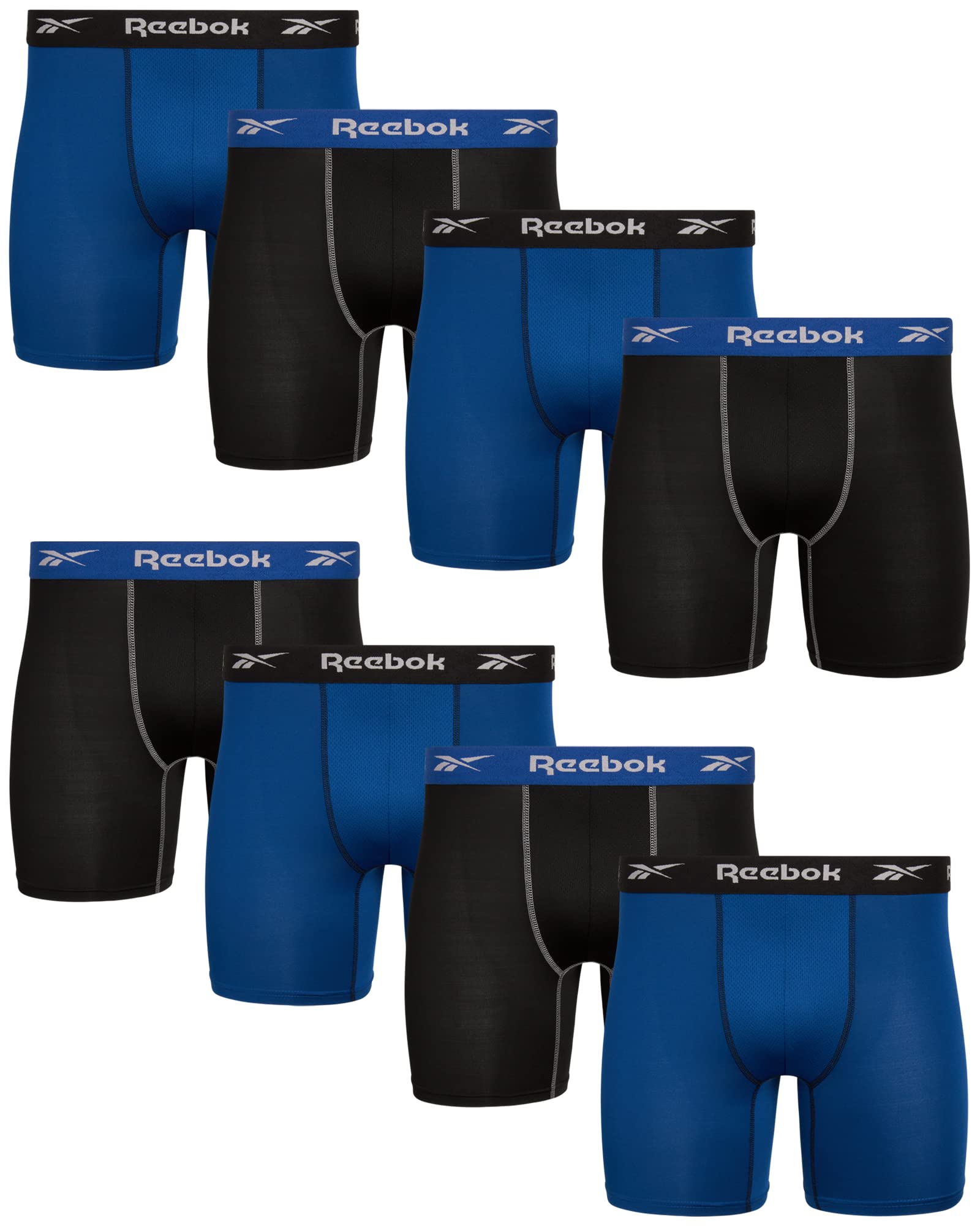 Reebok Men's Black/Black/Blue Underwear - Performance Boxer Briefs (8 Pack), Size Medium, Medium