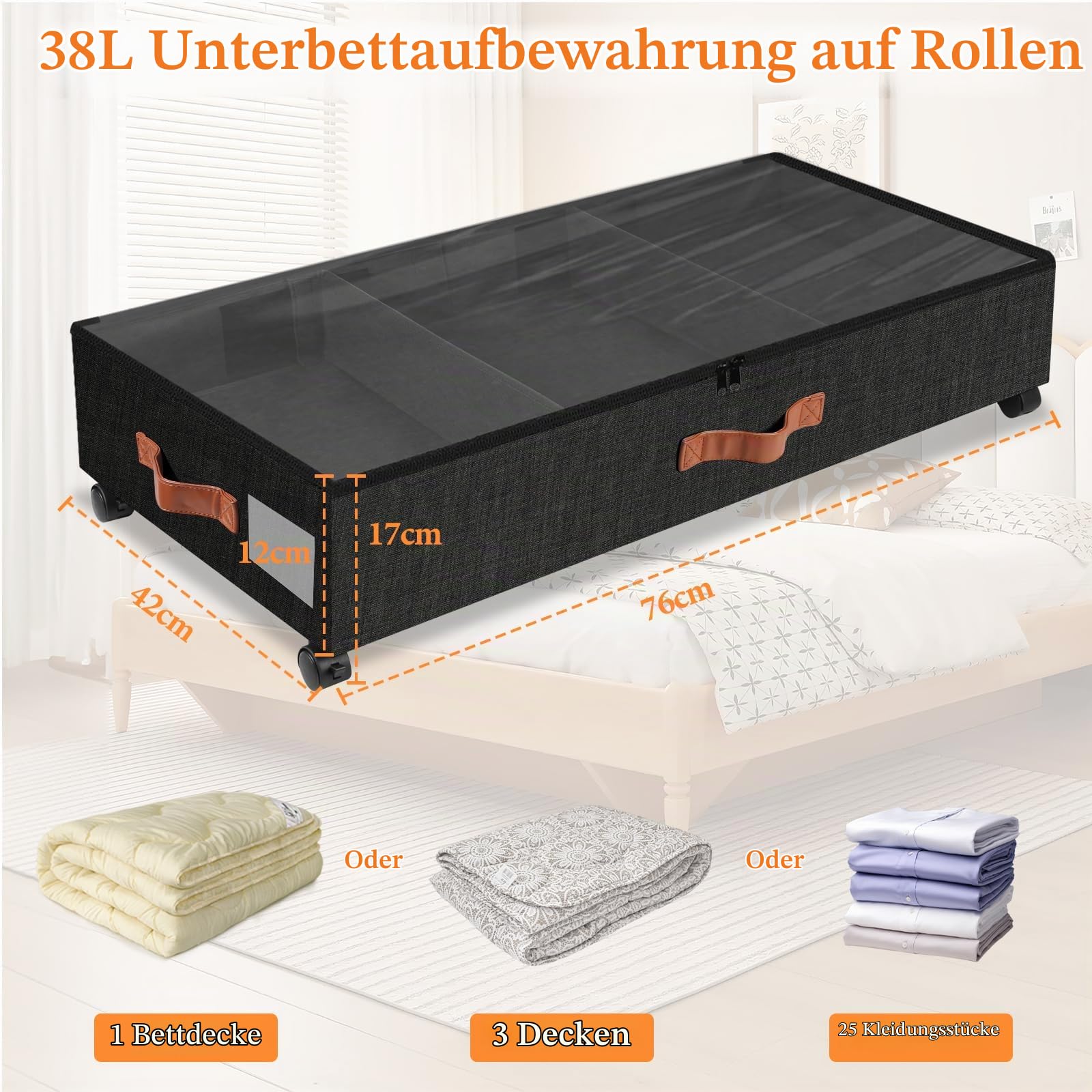 Unterbett Aufbewahrungsbox mit Rollen, 2 Stück 38L Groß Unterbett Aufbewahrung mit Deckel Metallrahmen Faltbare Unterbettkommode für Kleidung Schuhe Decken Bettwäsche Schwarz