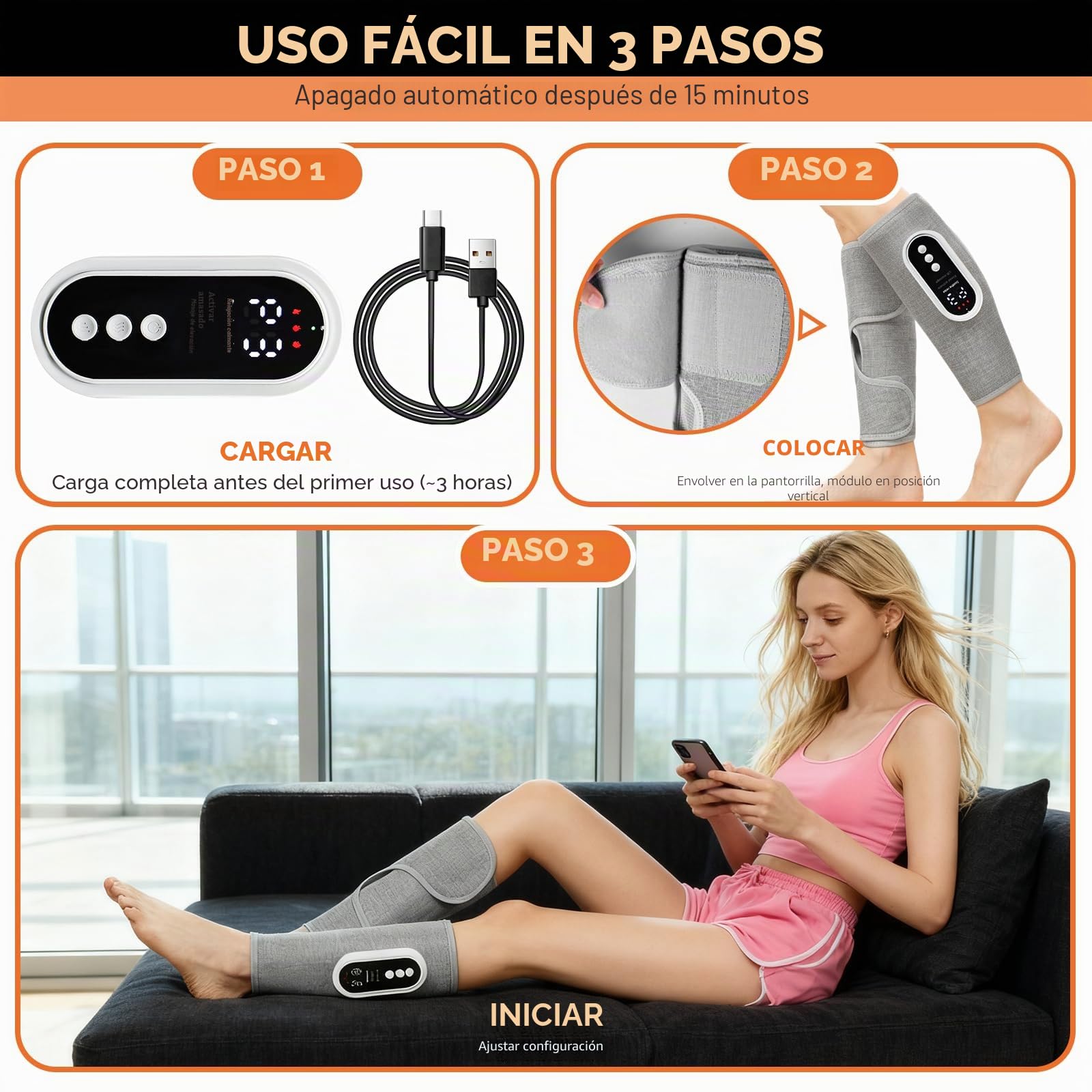 2 Piezas Masajeador Piernas, Masajeador pare Circulacion Piernas, Masaje de Compresión de Aire, 3 modos, 3 intensidades, 3 Niveles de Calor, 2000mAh para Hogar/Oficina/Post-Entrenamiento