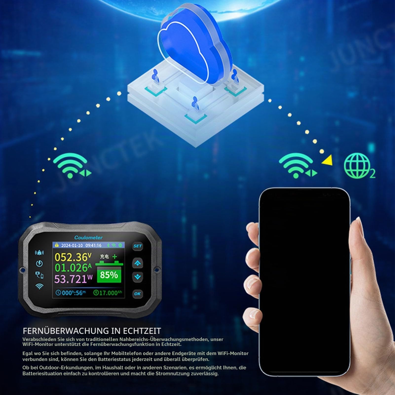 Batteriemonitor mit WiFi App Fernüberwachung Shunt für 12V 24V Batterie Golfcart Wohnmobil Boot Solaranlage Spannung Strom Kapazität