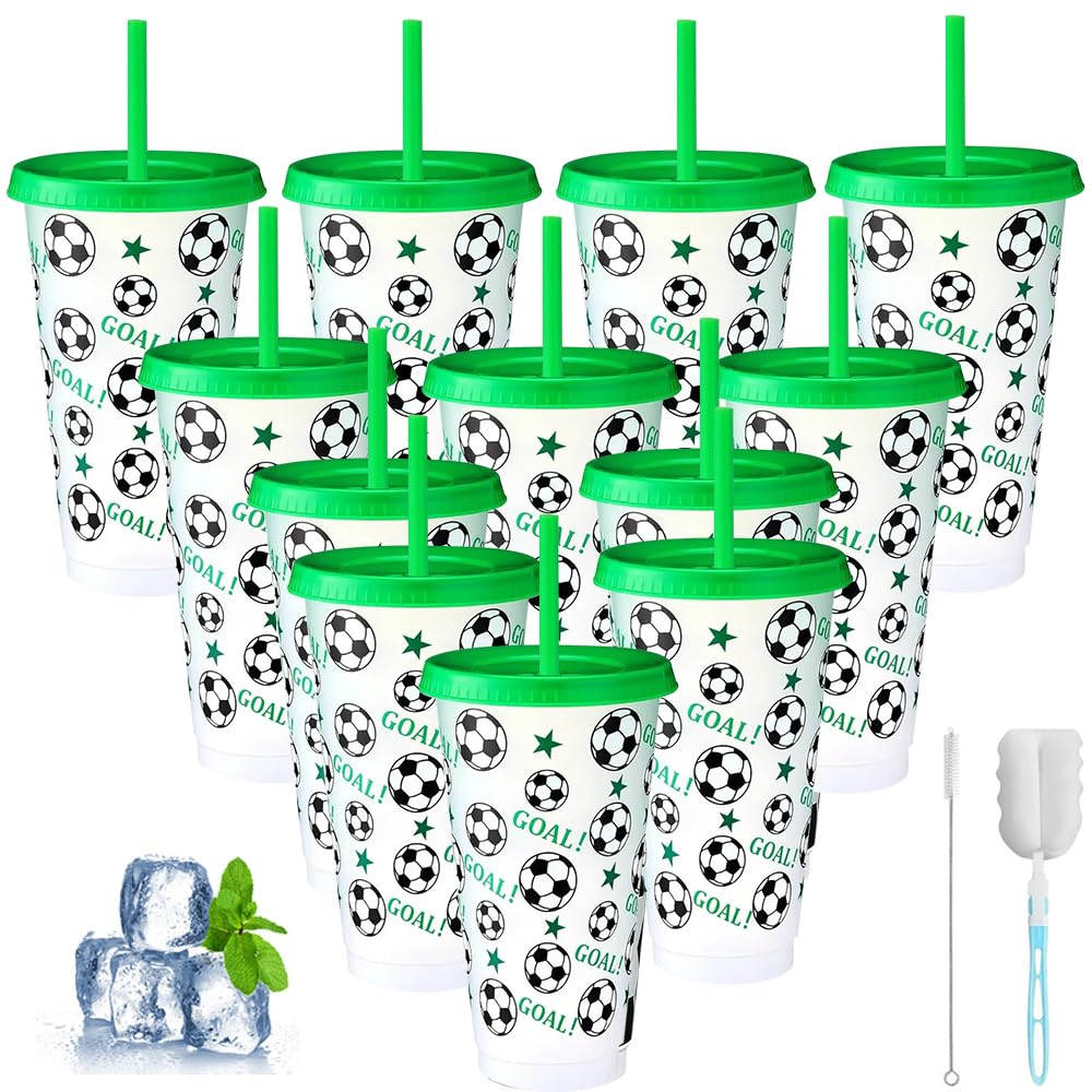 Nzkeuf 12 Pcs 710ml 24 oz Plastic Football Cups Reusable Tumbler with Lid and Straw, Football Reusable Plastic Cups Set, Party Drinking Cup for Kids Birthday Football Party Supplies, White