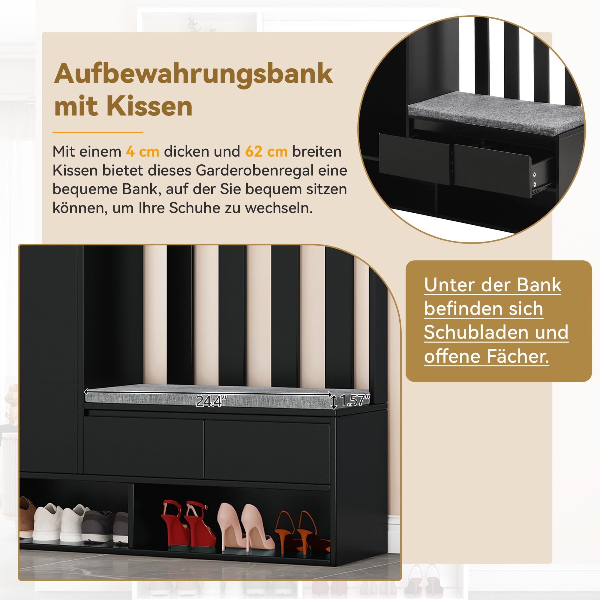 sogesfurniture Garderobe Set mit 4 Kleiderhaken, Schuhbank mit Kissen, 2 Schubladen, Schuhschrank mit Stecktafel, Schwarz