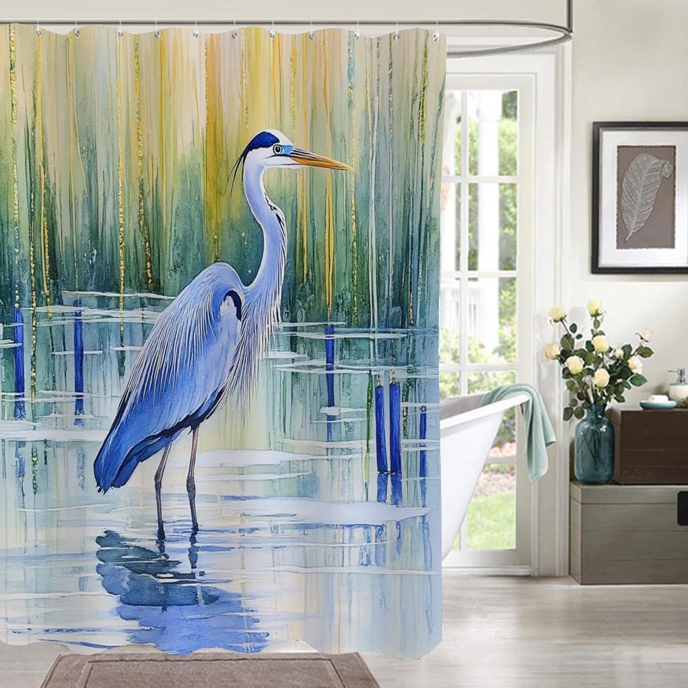 Moslion Shower Curtain Heron Watercolor Blue Heron Crane Bird Animal Wildlife Leaves Water Nature Funny Shower Curtain for Bathroom Decoration Polyester 72Wx72H Inch
