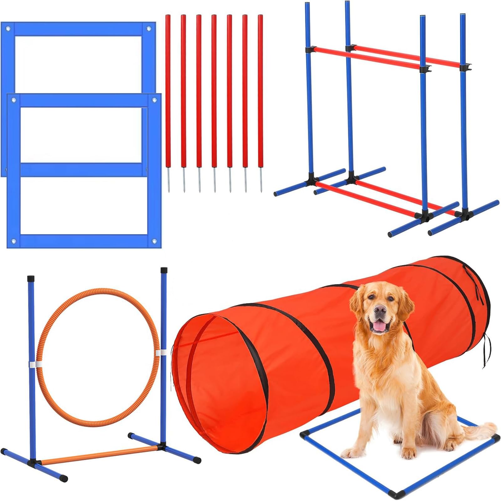 Hundetrainingsgerät-Set mit Tunnel-Reifenspring-Hürdengeflechtstangen für Indoor-Outdoor-Hinderniskursspiele