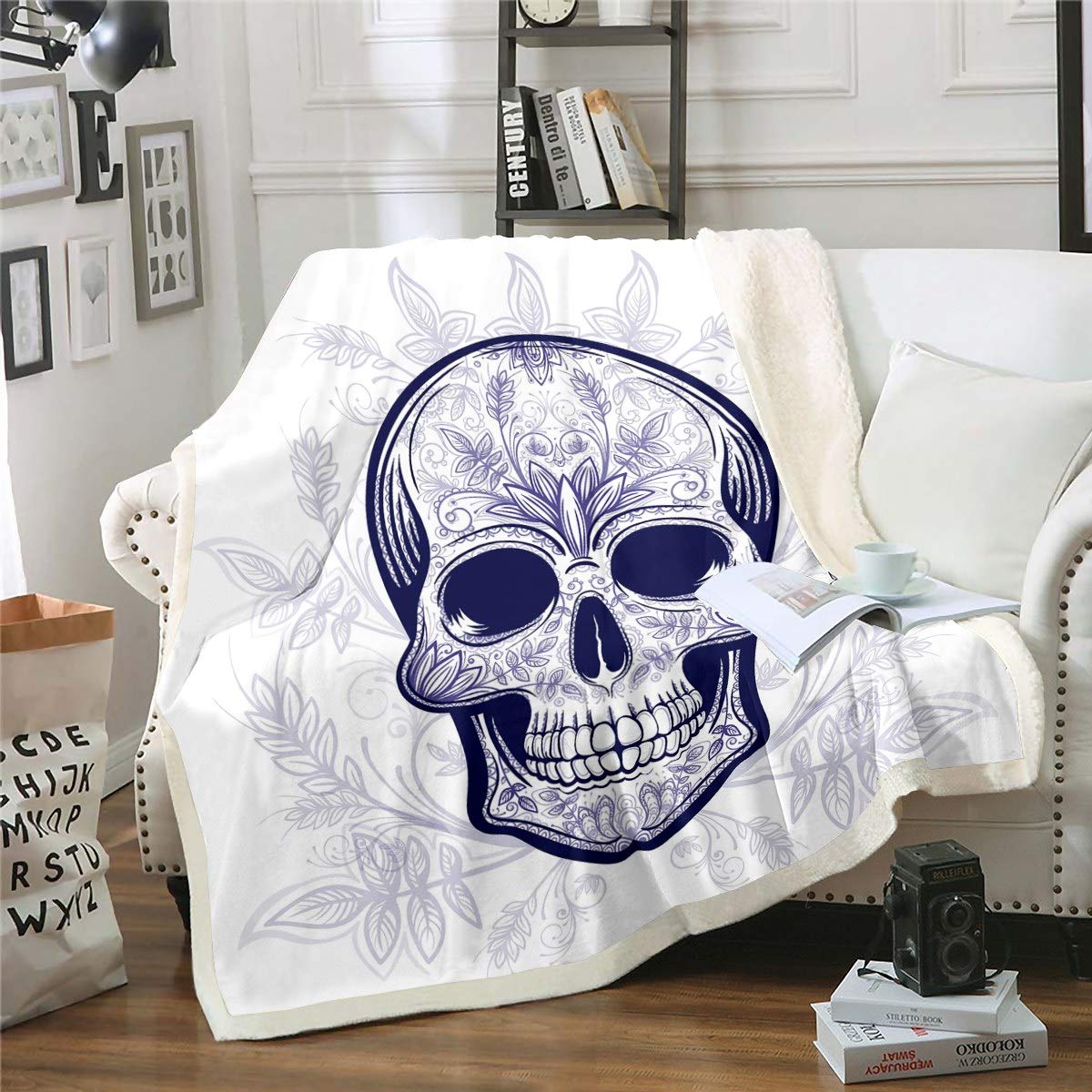 Loussiesd Coperta in pile con teschio di zucchero, stile boho, motivo