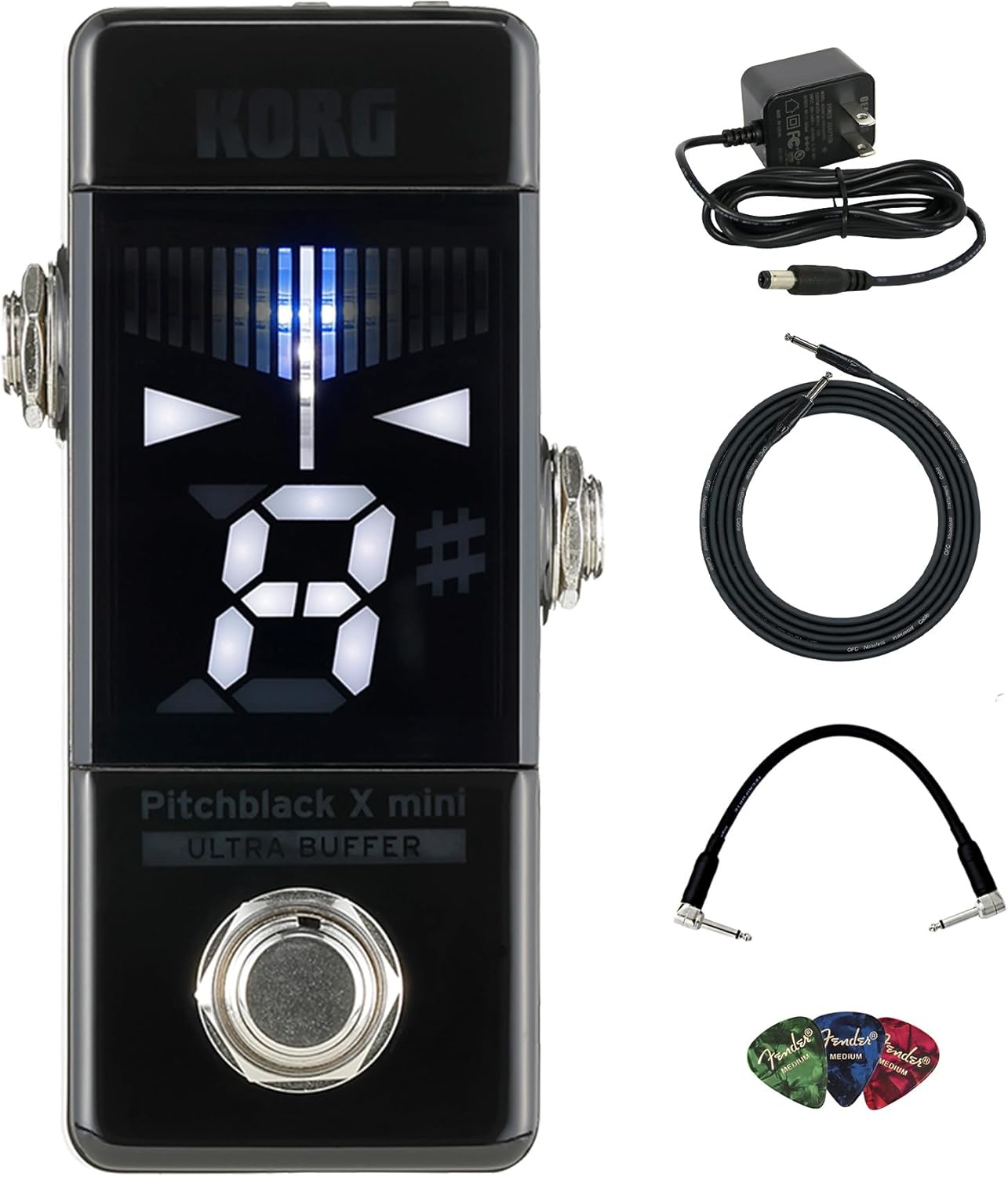 Korg Pitchblack X mini Chromatic Pedal Tuner Bundle with Power Supply, Instrument & Patch Cable, and Picks