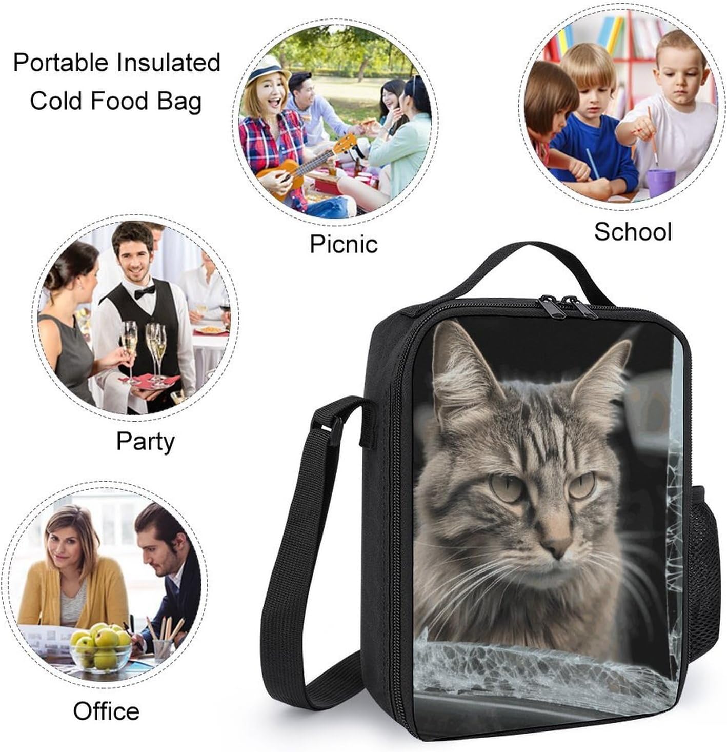 Cat Smashes Glass in Car Lunch Bag Leakproof Portable Lunchbags Small Insulated Thermal Bag Cooler Tote for Travel,Beach,Picnic,Office Work image 4