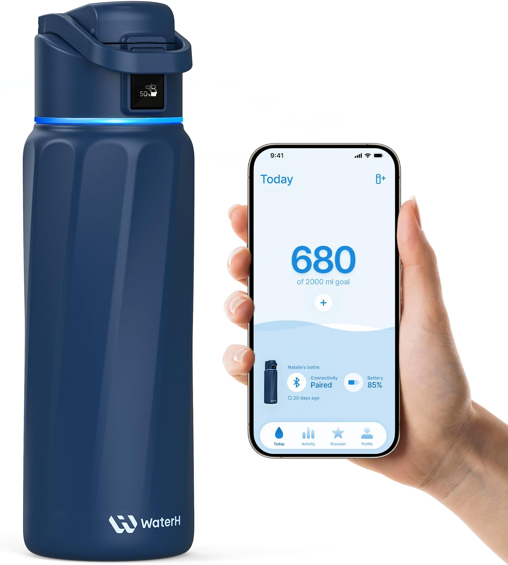 WATERH BOOST Smart Bottle with Reminder to Drink & Tracker Bottle - Double Wall Vacuum Insulated Bottle Stainless Steel, Wide Mouth 32 oz Bottles, Ideal for Gift (Navy Blue)