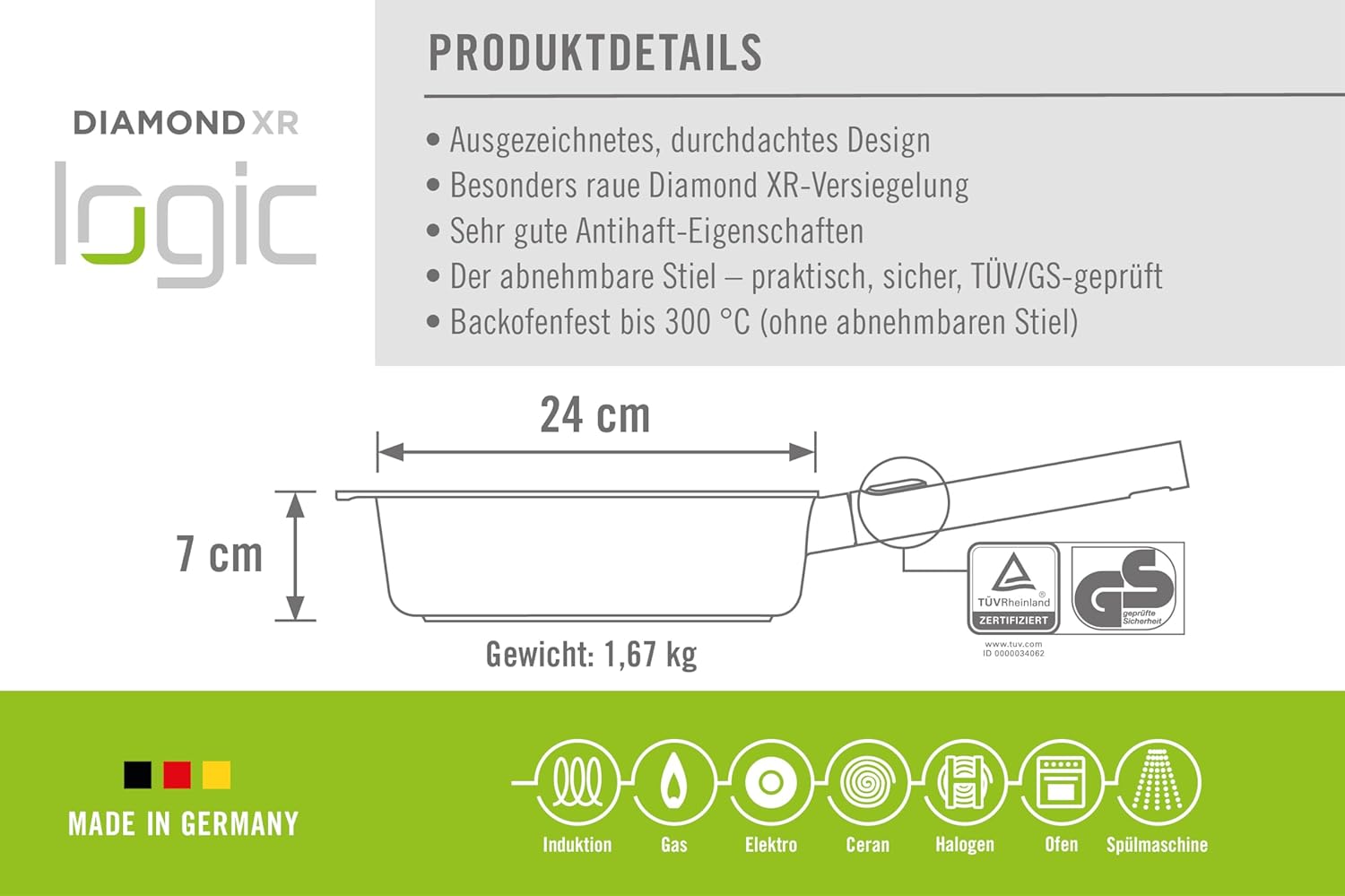 Woll Diamond Logic XR Pro High Rim Pan Inductive Diameter 24 cm Height 7 cm with Removable Stainless Steel Handle Suitable for All Hobs Cast Aluminium Non-Stick Coating Oven-Proof Black