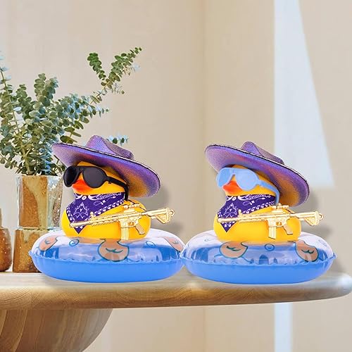 Miniatura 7 de Patos de goma para tablero de instrumentos de automóvil, pato vaquero, accesorios de decoración con mini sombrero de vaquero holográfico, anillo de