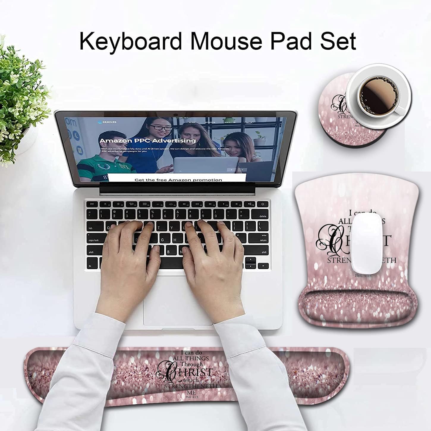 Mouse Pad Wrist Support and Memory Foam Keyboard Wrist Rest Set, Ergonomic Gel Mouse Pad for Computer, Laptop, Desk Pad with Non Slip PU Base,Pink Philippians 4:13 Pattern Gaming Mouse Pad