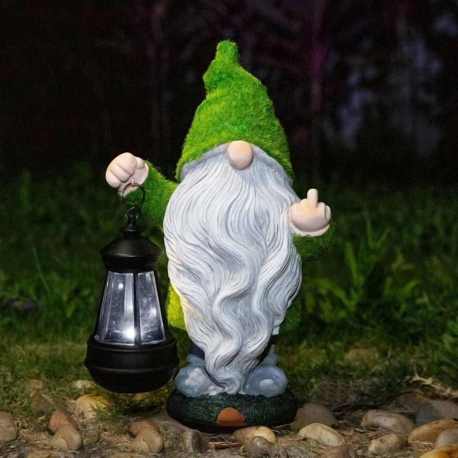 Flocked Garden Outdoor Gnome Statues Decor with Solar Lights, Large Funny Gnome Garden Figurines for Outside Patio Yard Lawn House Farmhouse Sculptures Decorations Gifts, White