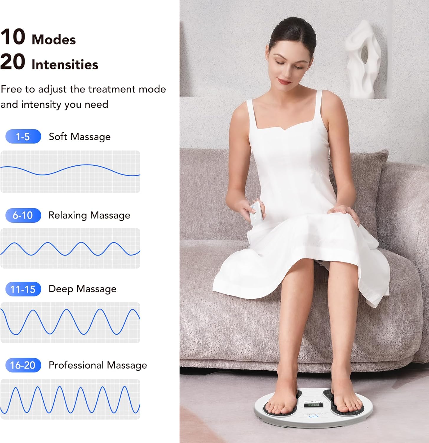 Foot Massager for Neuropathy, TENS & EMS Foot Circulation Stimulator for Pain Relief, 10 Modes and 20 Intensities, Relieve Swelling, Cramps, RLS & Plantar Fasciitis - Gifts for Mom Dad - Image 3