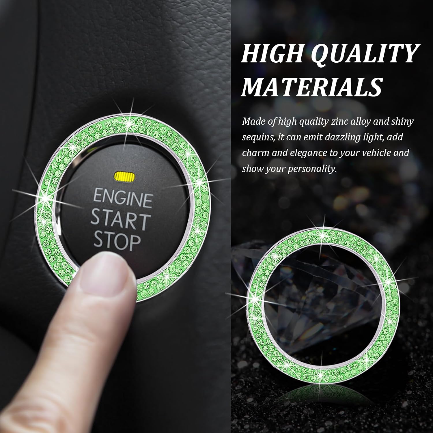 Crystal Double Rhinestone Car Engine Start Ring Decals, Sparkling Push Start Button Sticker Decorative Cover, Shiny Key Ignition Knob Ring Car Accessories for Women Men (Light Green) image 3