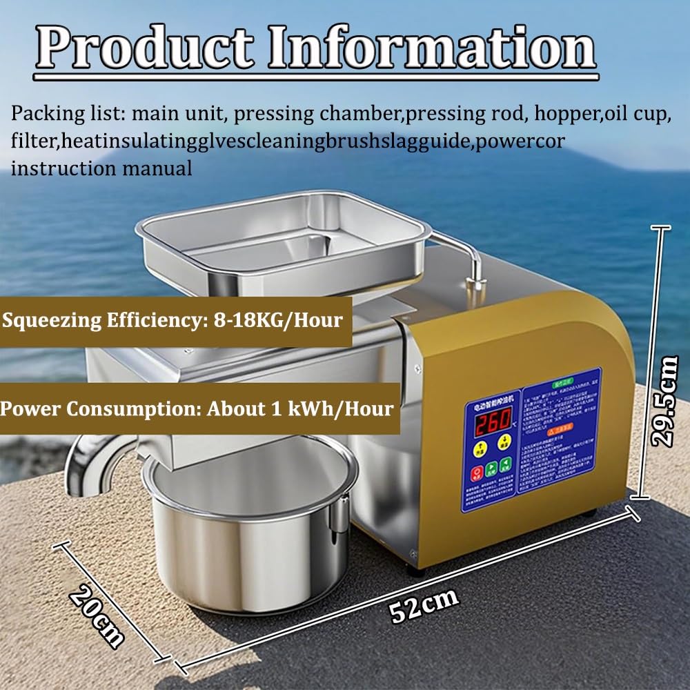 Pressa Automatica per Olio, 1100 W, pressatura a Caldo e a Freddo, Elevata resa 4-9 kg/h, Acciaio Inox 304, Facile da Pulire, Maniglia Pieghevole, per Semi, Frutta secca e produzio