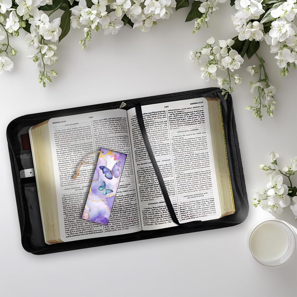Hobbspring 1pc Butterfly Large Bible Covers 20.3x28.5x5.9cm PU Leather Bible Case with Bookmark Purple Marble Texture Bible Carrying Case for Women Men Christian Bible Note Books Carrying Accessories - Image 4