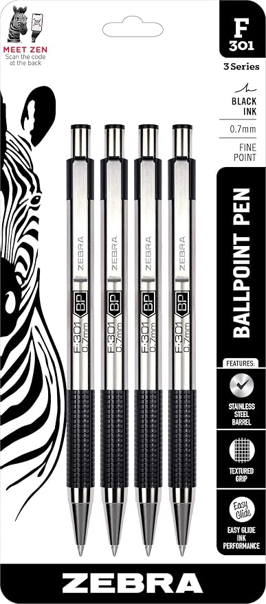 Zebra F-301 Retractable Ballpoint Pen 0.7mm Black Ink 4-Pack