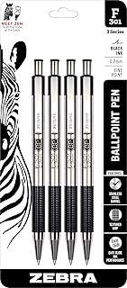 Zebra Pen F-301 Ballpoint Black Ink Fine Point 0.7mm Pen, Easy-Glide Ink, Stainless Steel Retractable, Non-Slip Grip, Professional Design, Ideal for Office, Journal and Planner Use, 4-Pack (27114)