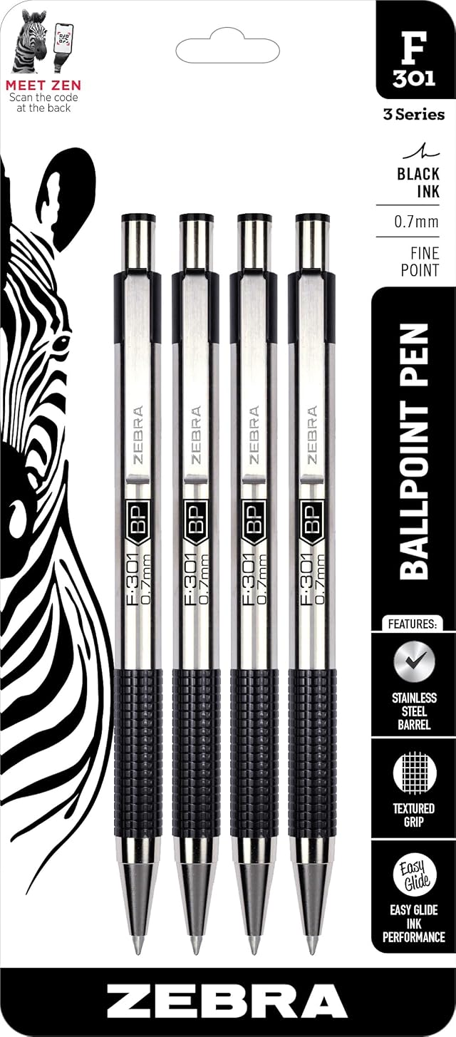 Zebra Pen F-301 Ballpoint Black Ink Fine Point 0 7mm Pen Easy-Glide Ink Stainless Steel Retractable Non-Slip Grip