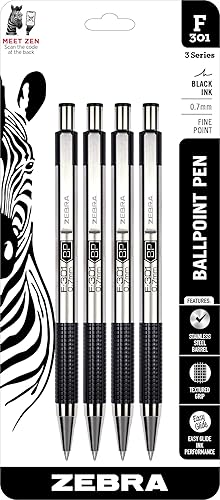 Zebra Pen F-301 Ballpoint Black Ink Fine Point 0.7mm Pen, Easy-Glide Ink, Stainless Steel Retractable, Non-Slip Grip, Professional Design, Ideal for Office, Journal and Planner Use, 4-Pack (27114)