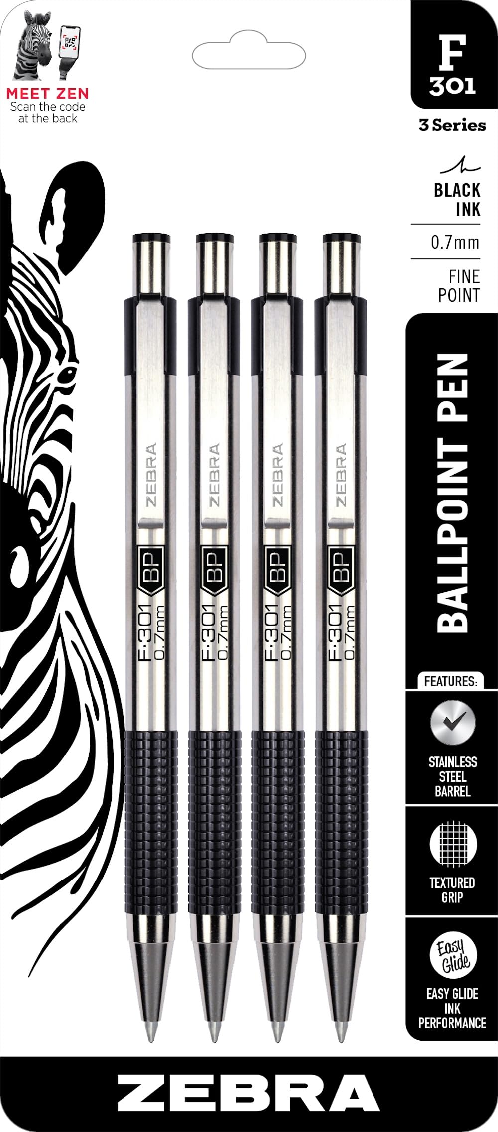 Zebra Pen F-301 Ballpoint Black Ink Fine Point 0.7mm Pen, Easy-Glide Ink, Stainless Steel Retractable, Non-Slip Grip, Professional Design, Ideal for Office, Journal and Planner Use, 4-Pack (27114)