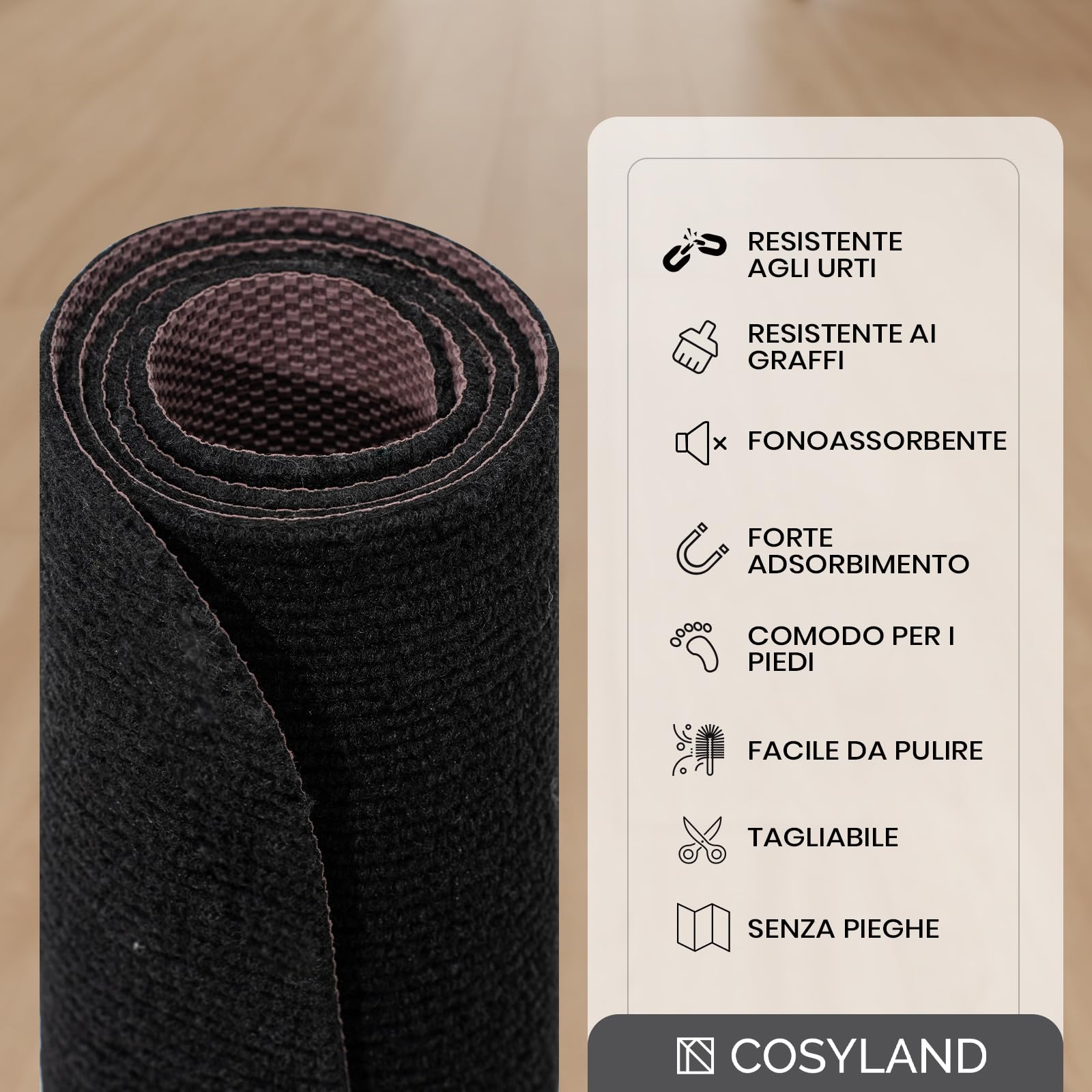 COSYLAND Tappeto sedia ufficio 90x120 cm – Tappeto sedia gaming - Tappeto per sedia con ruote antiscivolo, protezione pavimento per parquet e piastrelle (Nero)