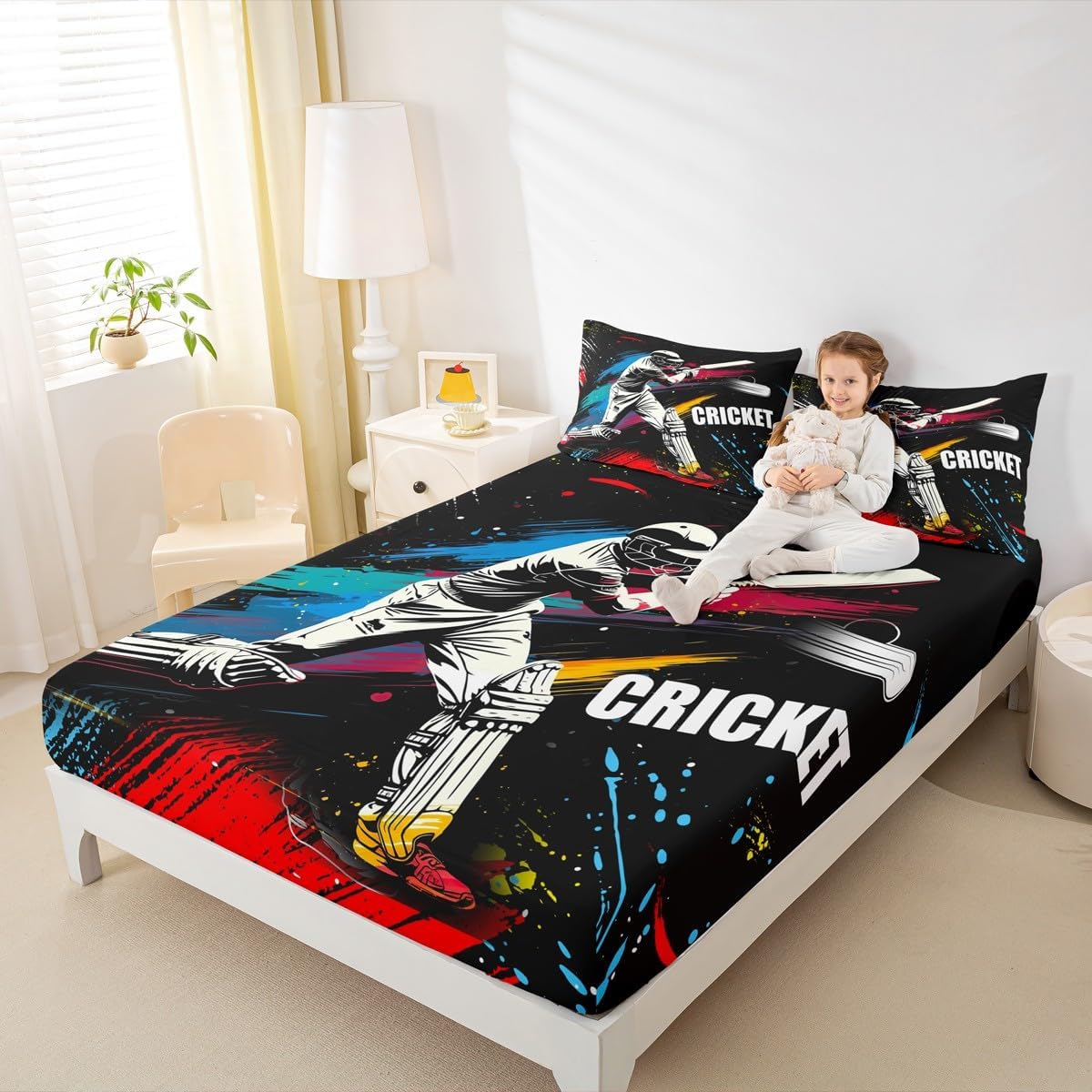 Cricket Player Fitted Sheet for Girls Boys Children Sports Theme Bedding Set Decorative Cricket Ball Game Bed Sheet Set Tie Dye Watercolor Bed Cover 2Pcs Twin Size