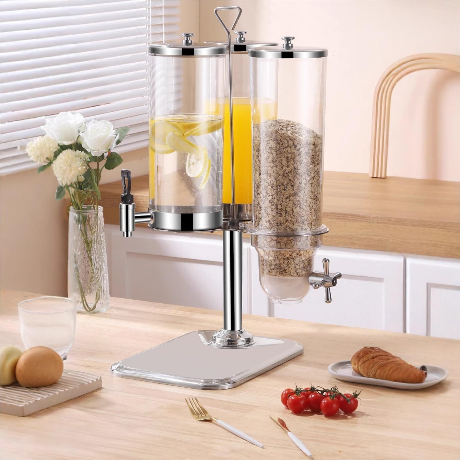 Dispensador giratorio de bebidas y cereales de 360°, máquina todo en 1 for cereales y zumos comerciales, contenedor de almacenamiento de 2/3 cabezales