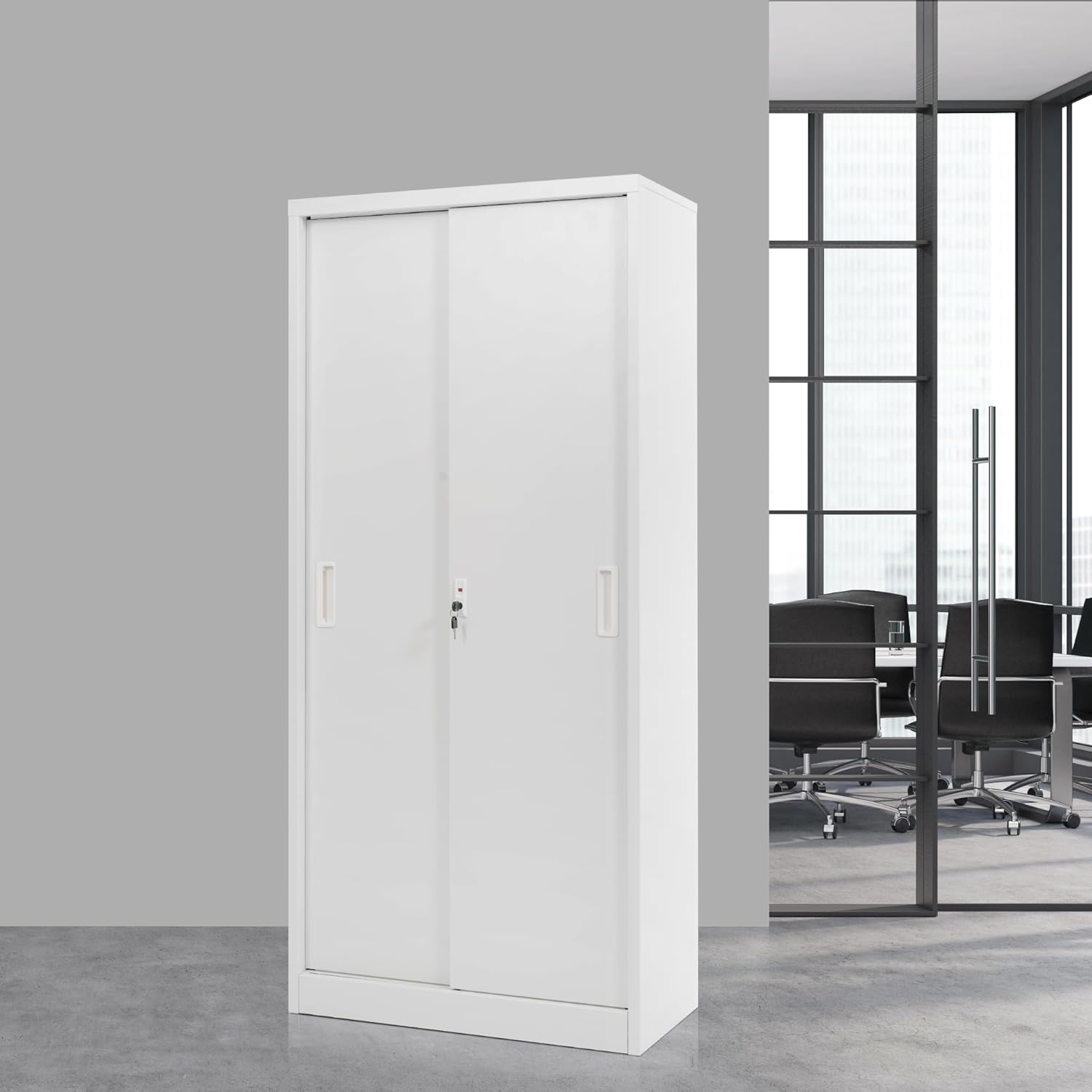 スチール書庫 引き戸タイプ 高さ180cm 可動棚4枚 鍵付き A4対応