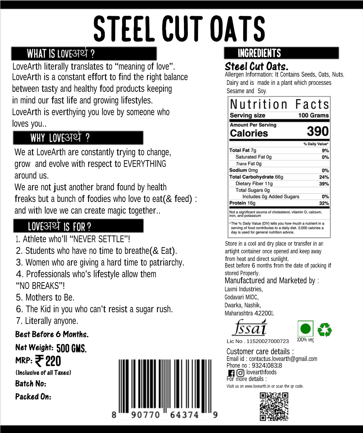 LoveArth - Steel Cut Oats | Old Fashioned Oats | Cereal for Porridge | Rich In Protein and Fiber Breakfast Cereal | Weight Management | Superfood | Pack of 2x 500 grams (1000 Grams) 1