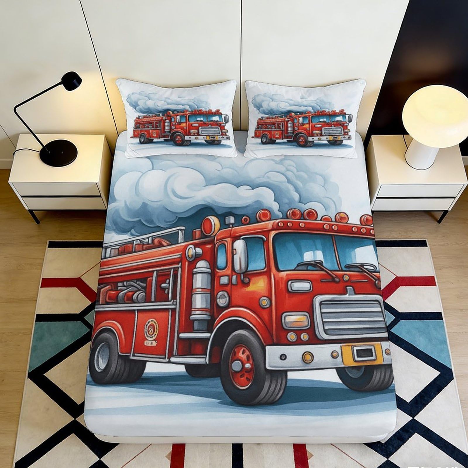 3D Printed Fire Truck Fitted Sheet Microfiber Red Cartoon Mattress Cover Anti-Slip Machine Washable for Bedroom Dorm Decor 160x200x25cm