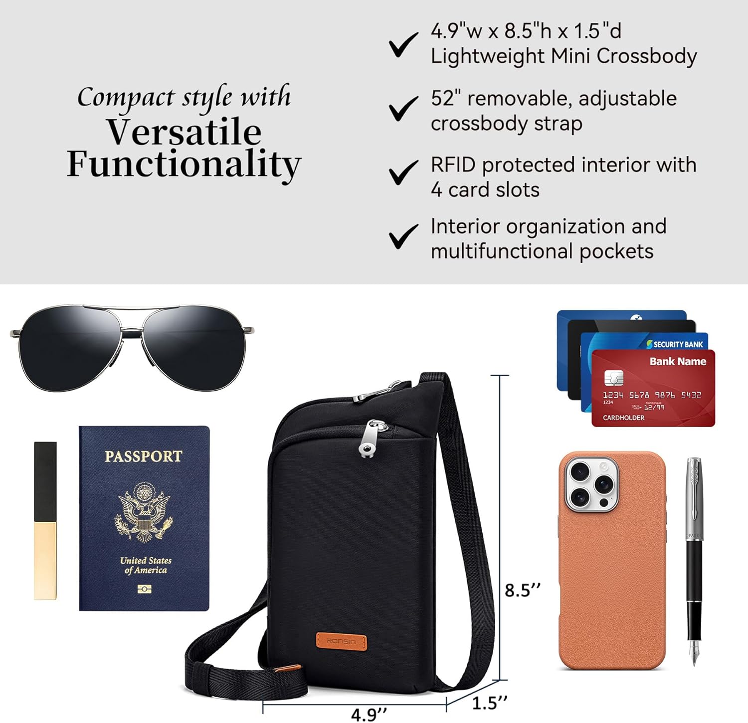RONSIN Anti Theft Nylon Crossbody Bag Cell Phone Purses Wallet Travel Pouch Shoulder Strap with Locking Zipper