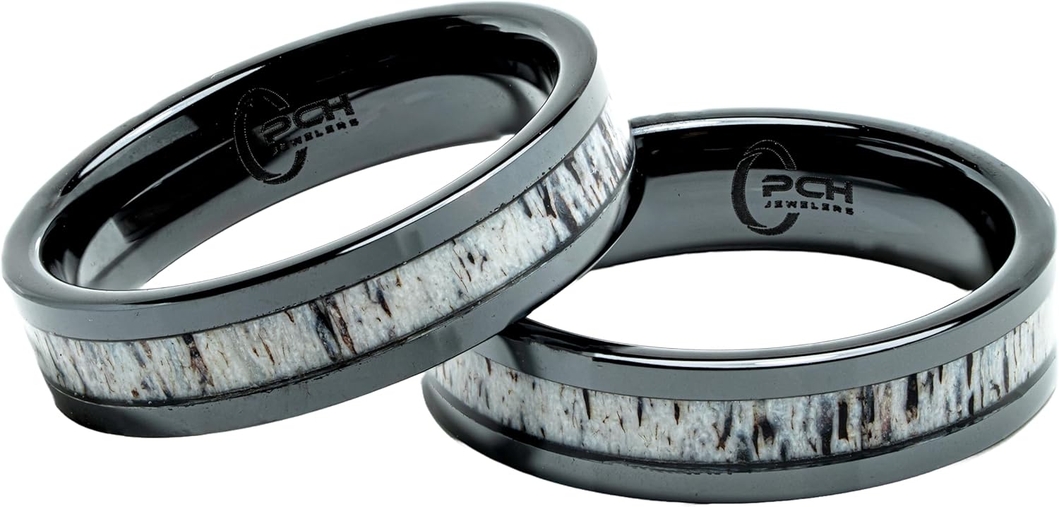 Deer Antler Ring Black Ceramic 6mm Wedding Band or Gift Size 7-12