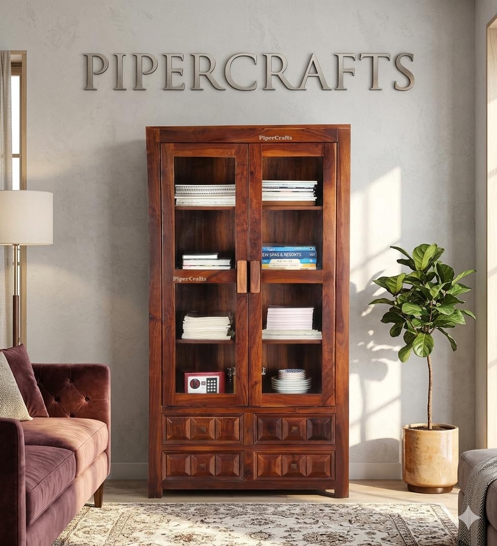 PIPERCRAFTS Solid Sheesam Wood Book Self/Crockery Storage Cabinet with Glass Door for Living Room Home & Dining Room | Cabinet Storage for Living Room Kitchen Cabinet/Book Self (Honey Finish)-picture-14
