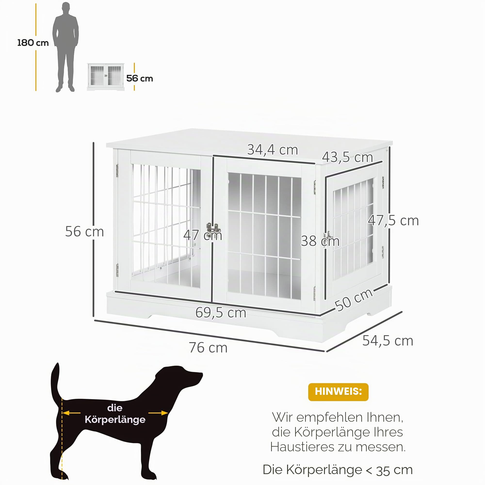 PawHut Hundekäfig 2-in-1 Beistelltisch 2 Türen 76L x 54,5W x 56H cm | Innen-Hundekäfig Möbel, abschließbare Türen, Metall & MDF
