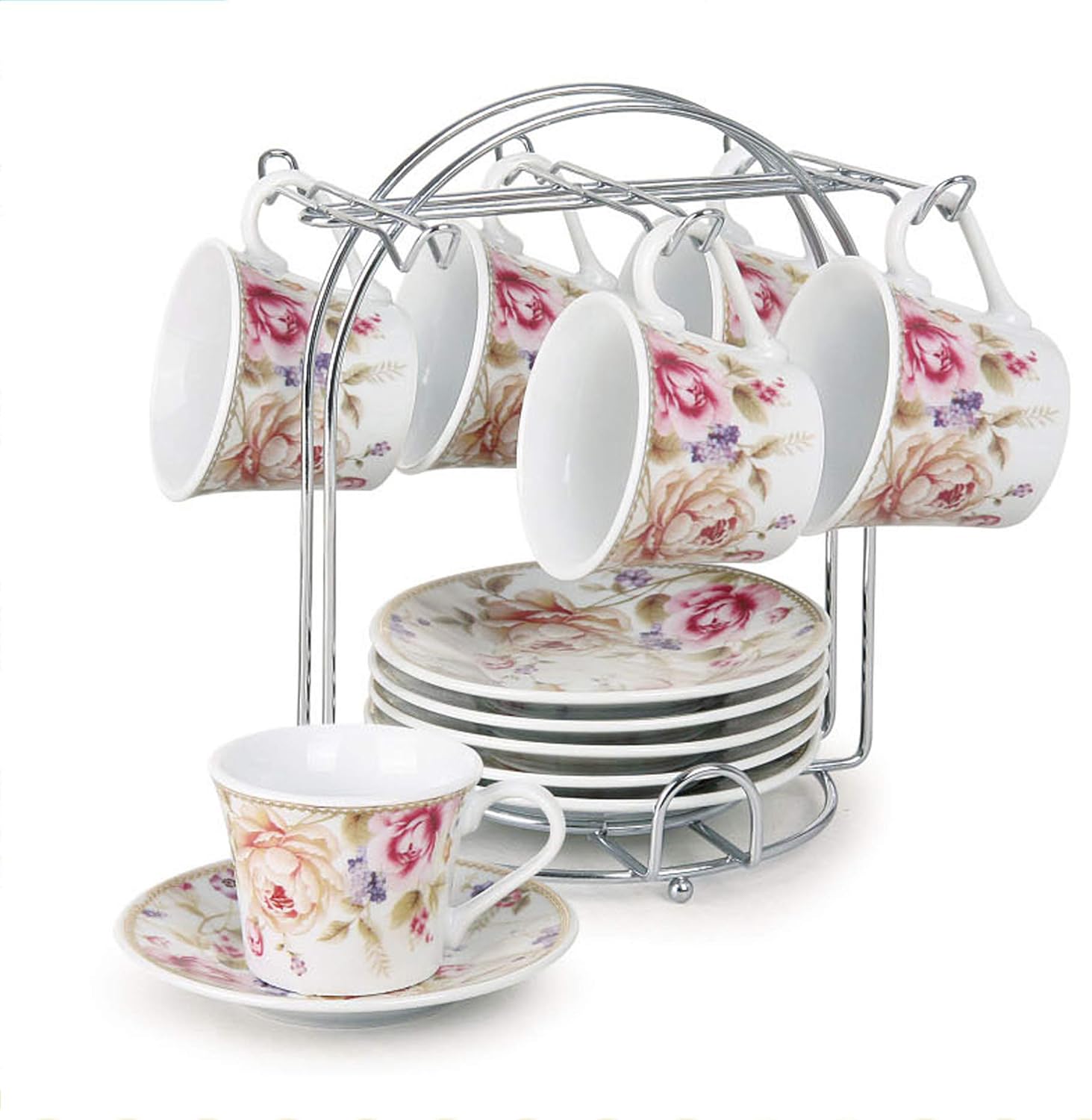 Set of 6 Espresso Cups 2oz. On Metal Stand-Pink and Ivory Flower