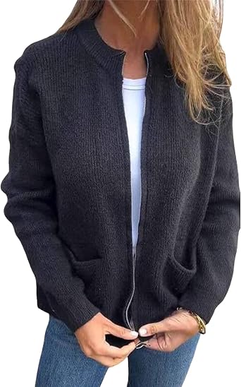 Womens Round Neck Zipper Knitted Jacket Zip Up Sweaters Cropped Open Front Long Sleeve Ribbed Knit Chunky Cardigans