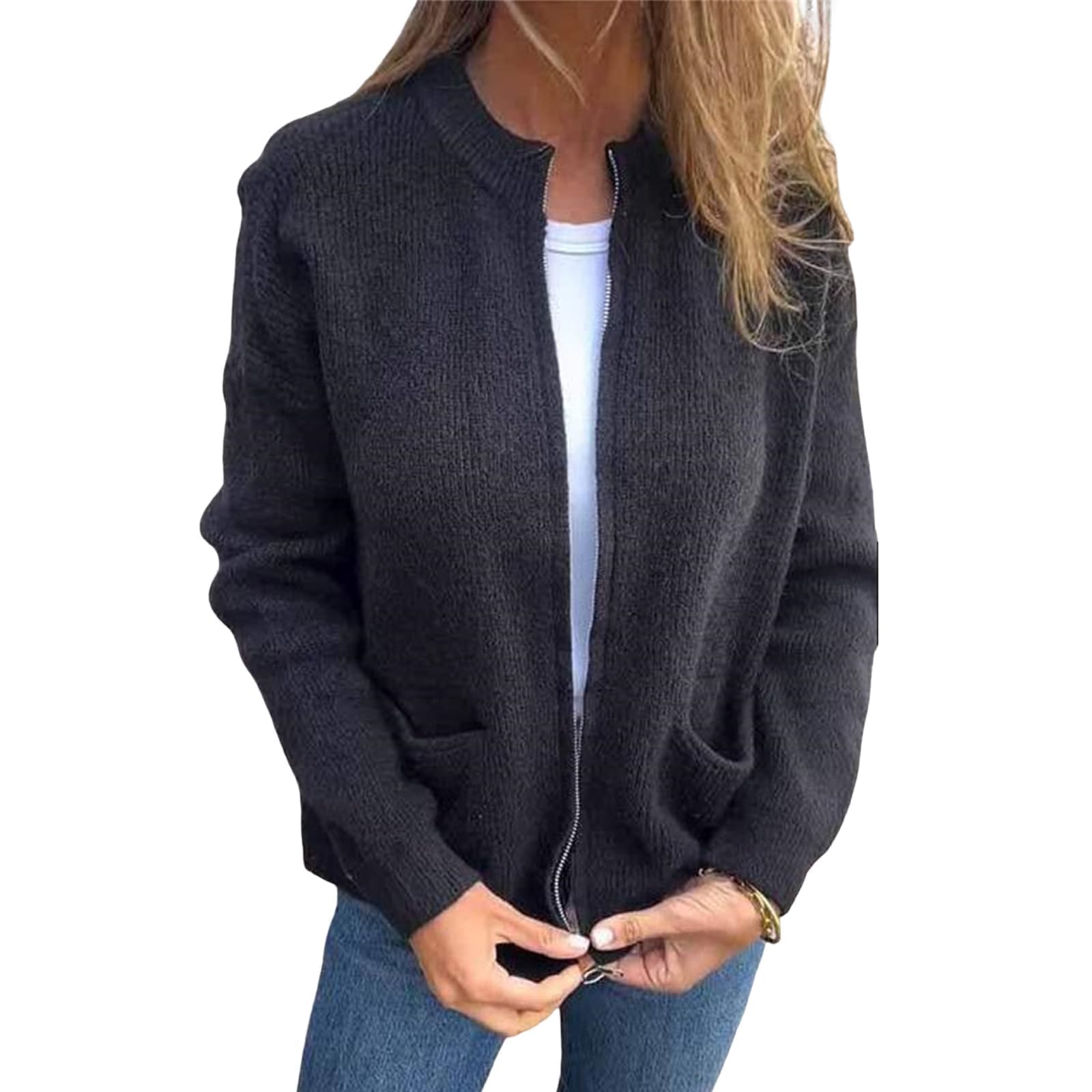 Womens Zip Up Sweaters Chunky Knit Cardigans Casual Loose Long Sleeve Coats Lightweight Cropped Outwear with Pocket